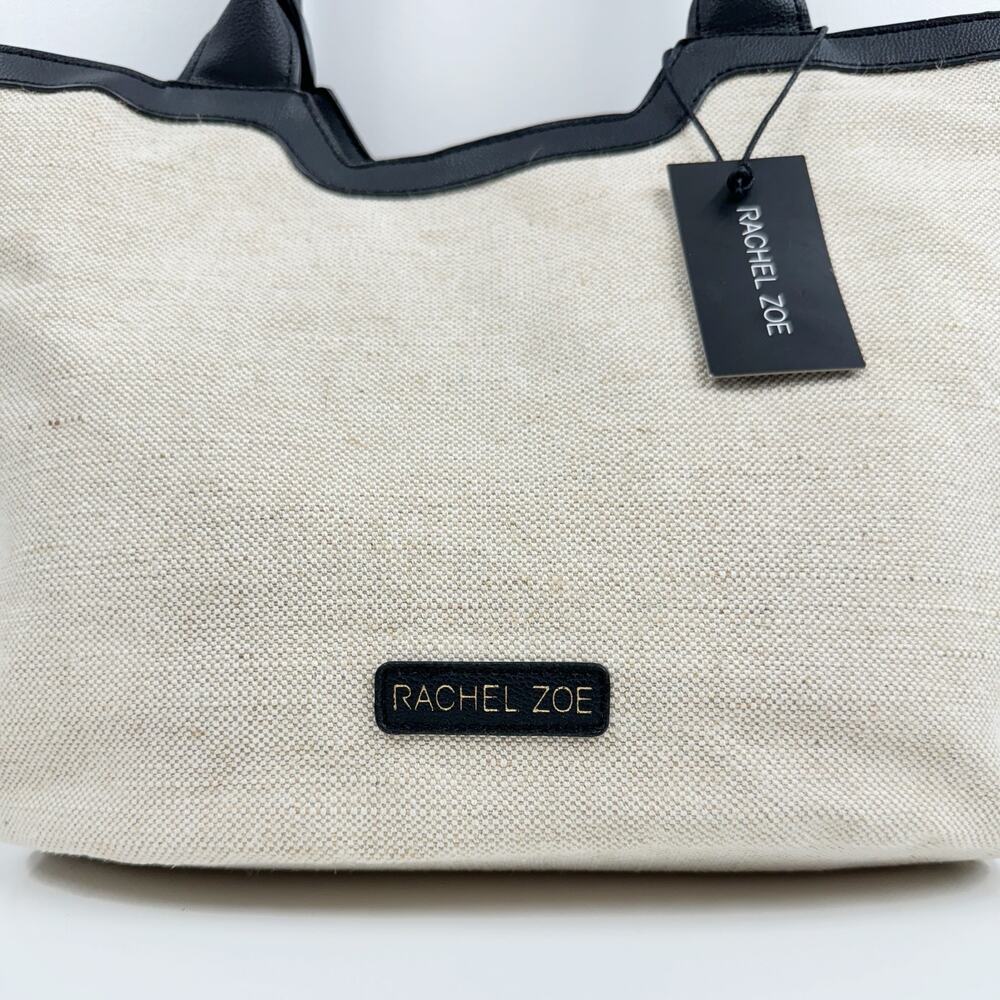 RACEL ZOE Natural Canvas Capri Tote Black Vegan Leather Trim Haohalden 15x4x12 - Picture 5 of 8